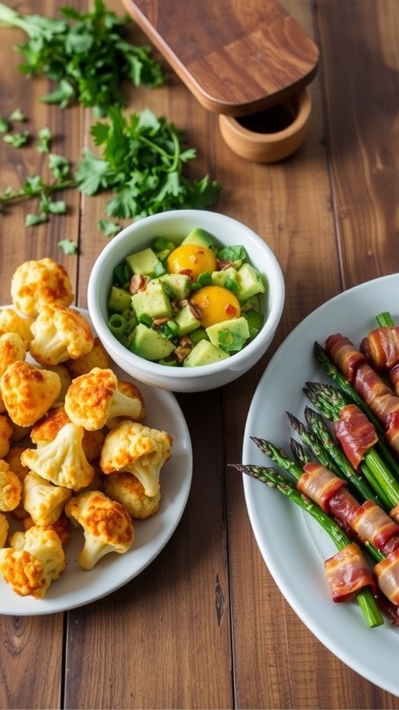 Simple Low Carb 3 Ingredient Recipes A variety of low carb dishes including cheesy cauliflower bites, avocado egg salad, and bacon-wrapped asparagus on a rustic table.